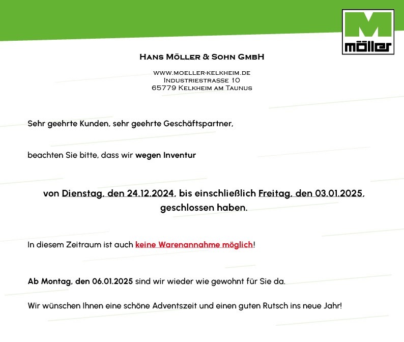 Mehr über den Artikel erfahren Wichtige Mitteilung: wir haben vom 24.12.2024 bis einschließlich 03.01.2025 wegen Inventur geschlossen!