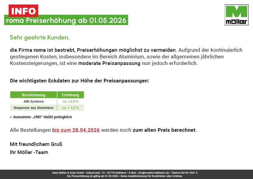 Mehr über den Artikel erfahren Roma Preiserhöhung ab 05.2026