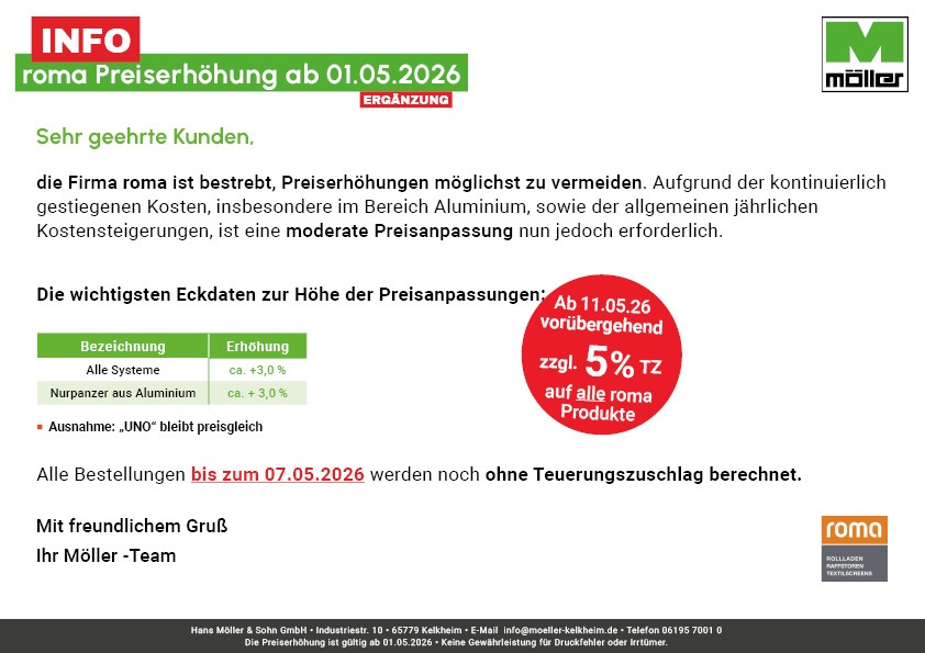 Mehr über den Artikel erfahren Roma Preiserhöhung ab 05/2026: vorübergehender 5% Teuerungszuschlag ab 11.05.2026